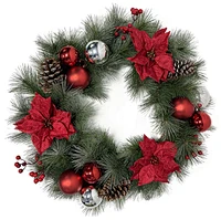 Shop 55cm Trendy Tree Artificial Christmas Wreath. Eco-friendly green PVC with red poinsettias & ornaments. Durable holiday door decor. Wholesale 300pcs.
